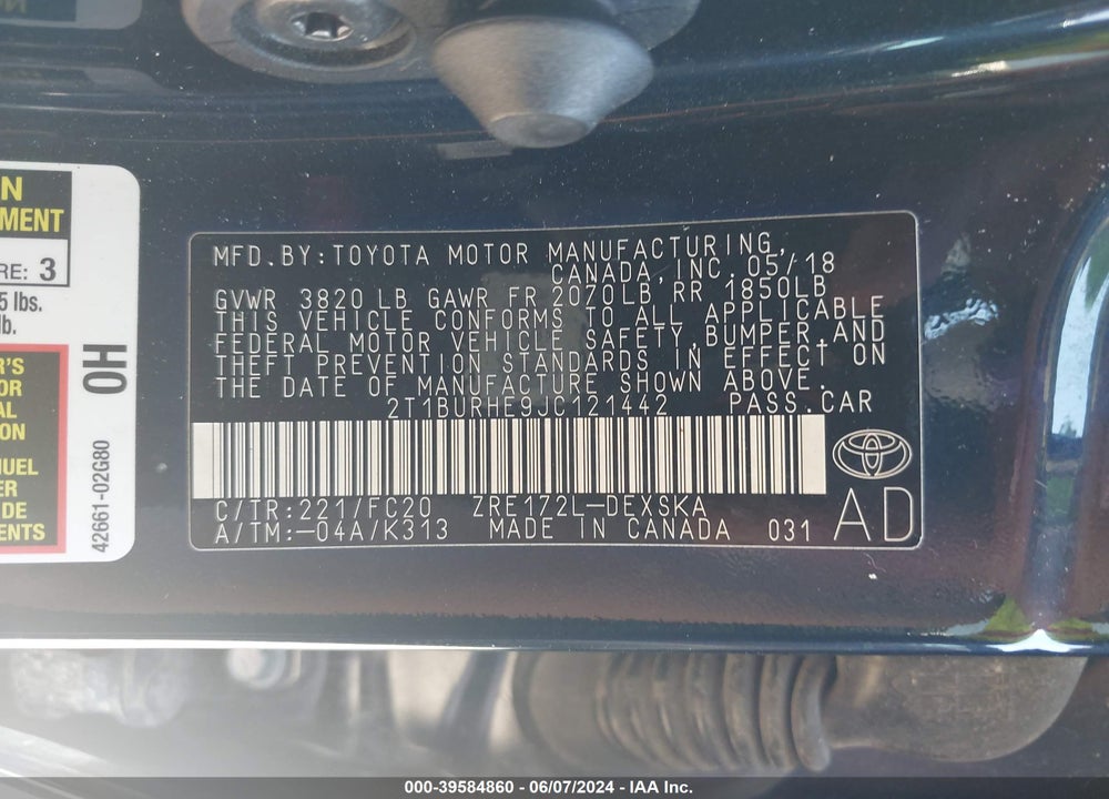 2018 TOYOTA COROLLA SE VIN: 2T1BURHE9JC121442