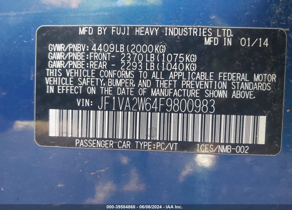 2015 SUBARU WRX STI LAUNCH EDITION VIN: JF1VA2W64F9800983