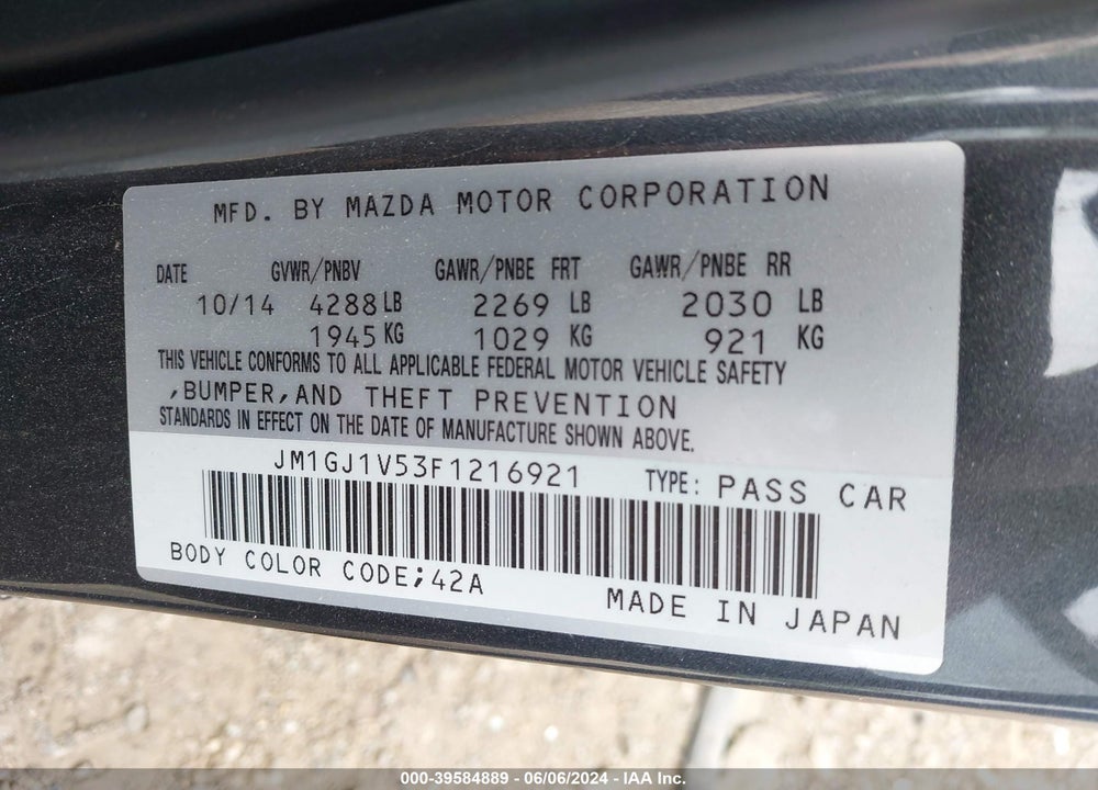 2015 MAZDA 6 I TOURING VIN: JM1GJ1V53F1216921