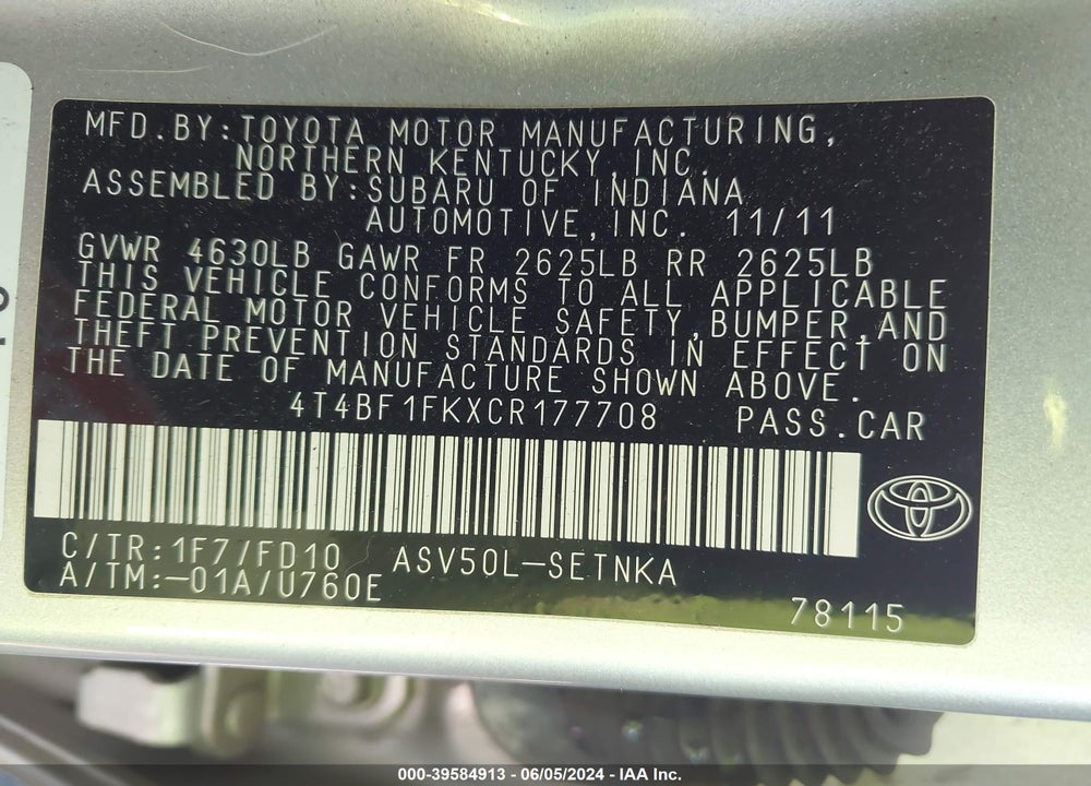 2012 TOYOTA CAMRY LE VIN: 4T4BF1FKXCR177708