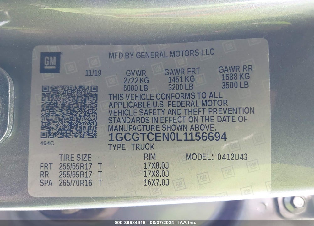 2020 CHEVROLET COLORADO 4WD LONG BOX LT VIN: 1GCGTCEN0L1156694
