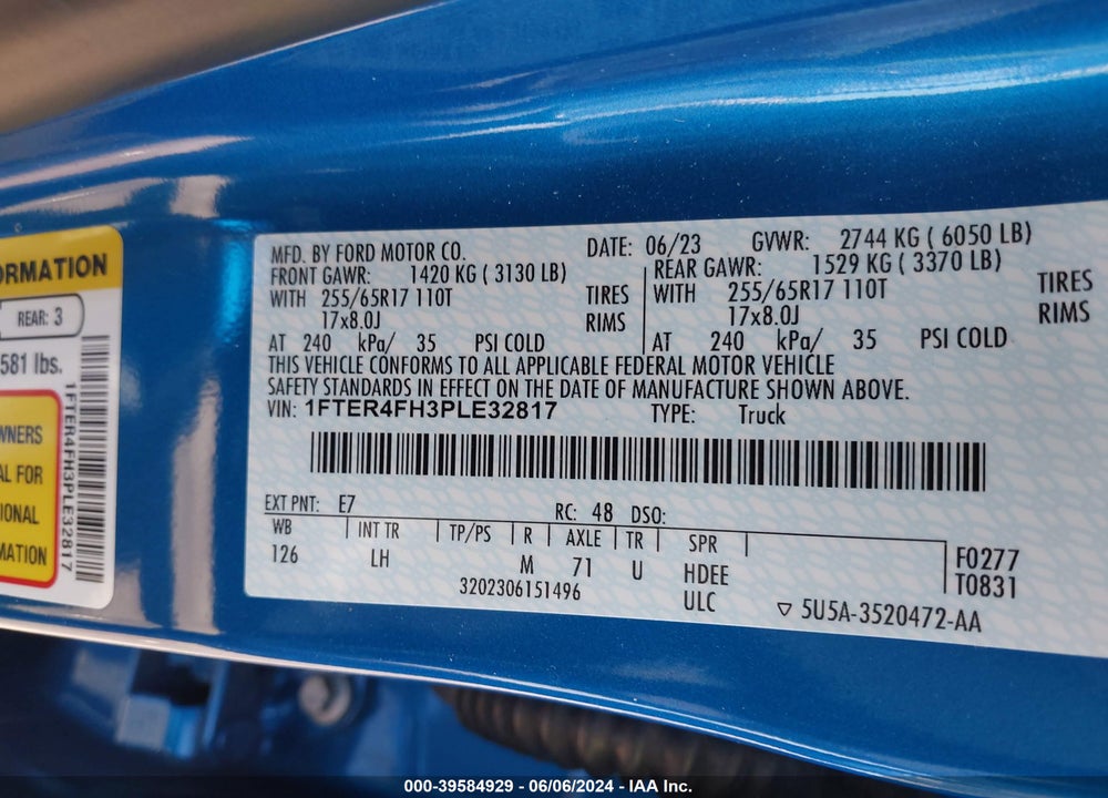 2023 FORD RANGER XLT VIN: 1FTER4FH3PLE32817