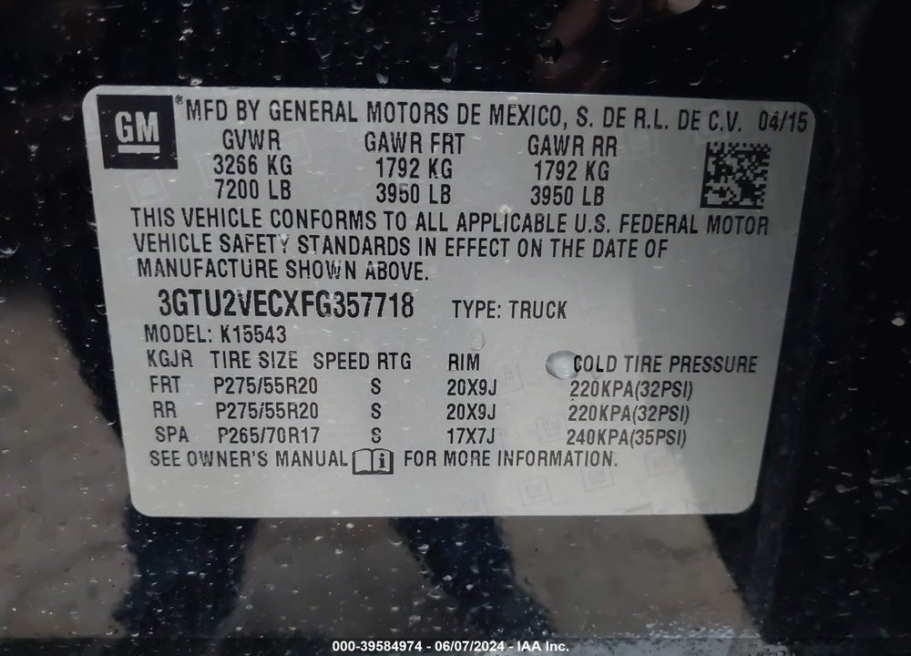 2015 GMC SIERRA 1500 SLT VIN: 3GTU2VECXFG357718