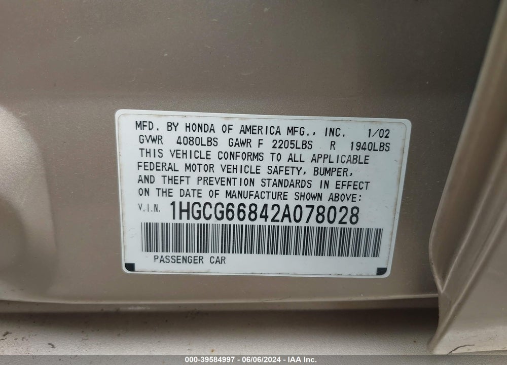 2002 HONDA ACCORD 2.3 EX/2.3 SE VIN: 1HGCG66842A078028