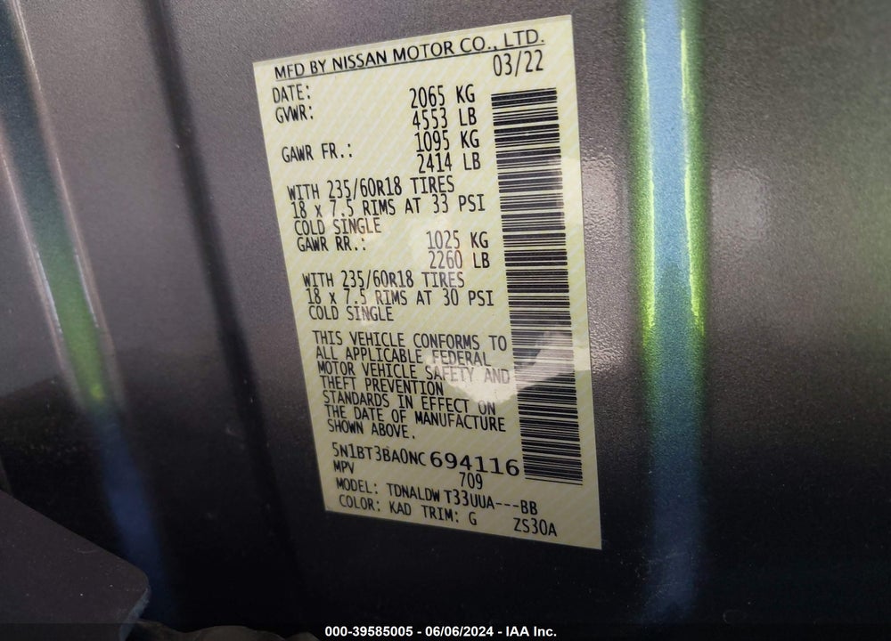 2022 NISSAN ROGUE SV FWD VIN: 5N1BT3BA0NC694116