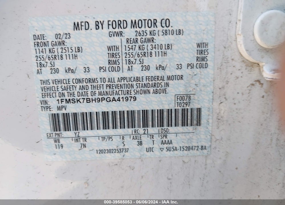 2023 FORD EXPLORER VIN: 1FMSK7BH9PGA41979