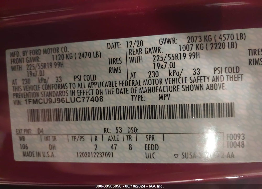 2020 FORD ESCAPE TITANIUM VIN: 1FMCU9J96LUC77408