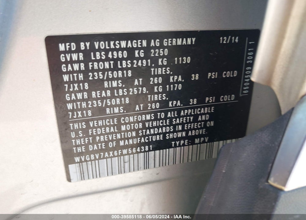 2015 VOLKSWAGEN TIGUAN SE VIN: WVGBV7AX6FW564381