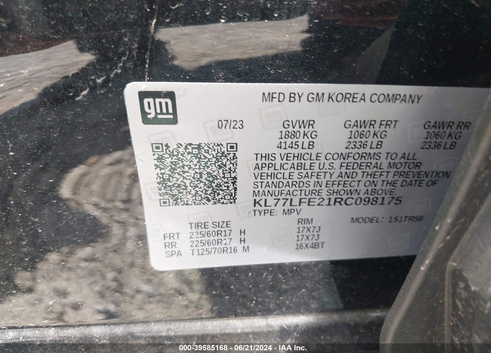 2024 CHEVROLET TRAX VIN: KL77LFE21RC098175