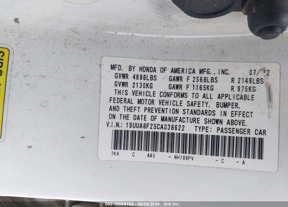 2012 ACURA TL 3.5 VIN: 19UUA8F25CA038622