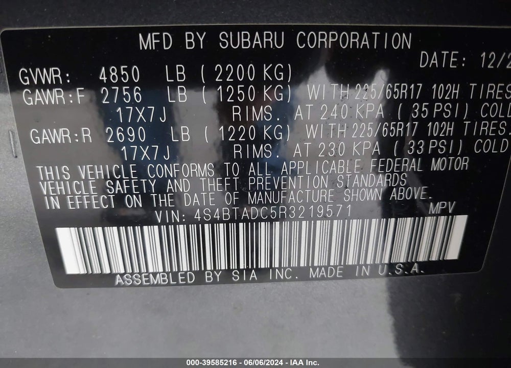 2024 SUBARU OUTBACK PREMIUM VIN: 4S4BTADC5R3219571