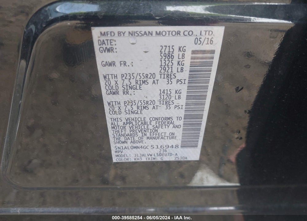 2016 INFINITI QX60 VIN: 5N1AL0MN4GC516948