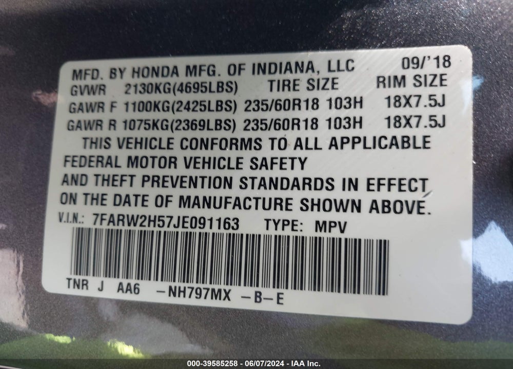 2018 HONDA CR-V EX VIN: 7FARW2H57JE091163
