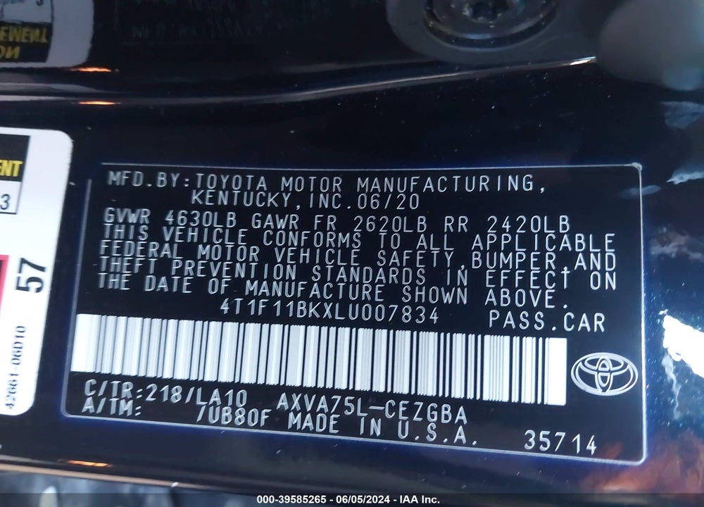2020 TOYOTA CAMRY XLE AWD VIN: 4T1F11BKXLU007834