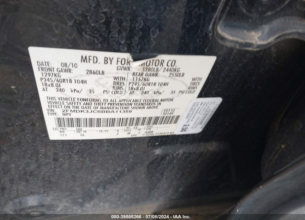 2011 FORD EDGE VIN: 2FMDK3JC6BBA11359
