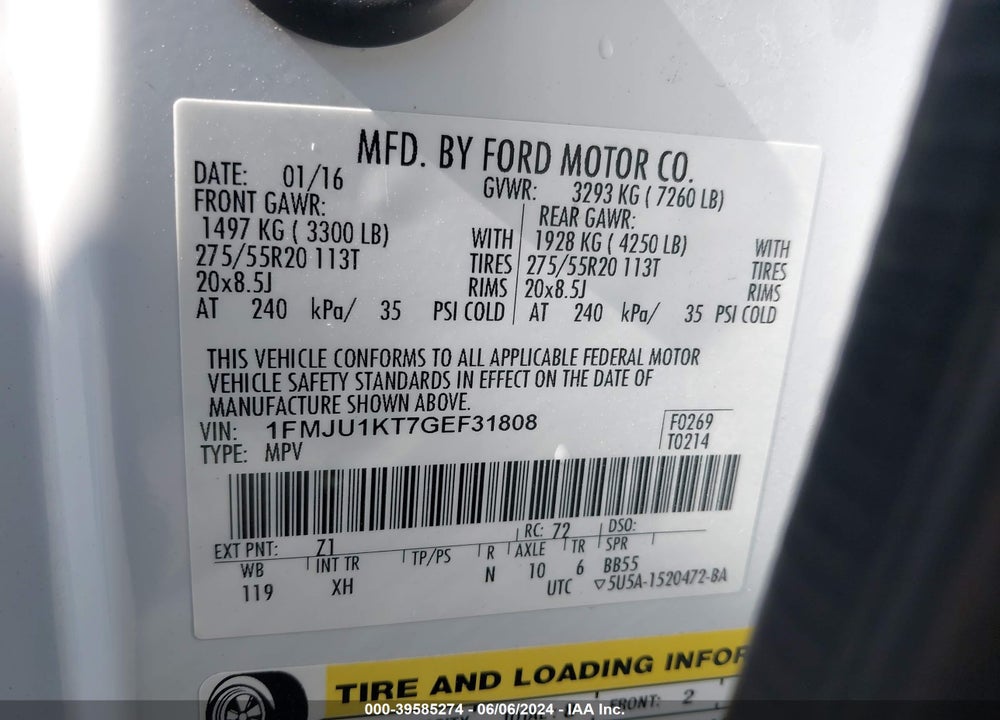 2016 FORD EXPEDITION LIMITED VIN: 1FMJU1KT7GEF31808
