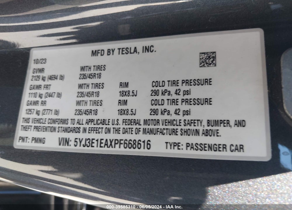 2023 TESLA MODEL 3 REAR-WHEEL DRIVE VIN: 5YJ3E1EAXPF668616