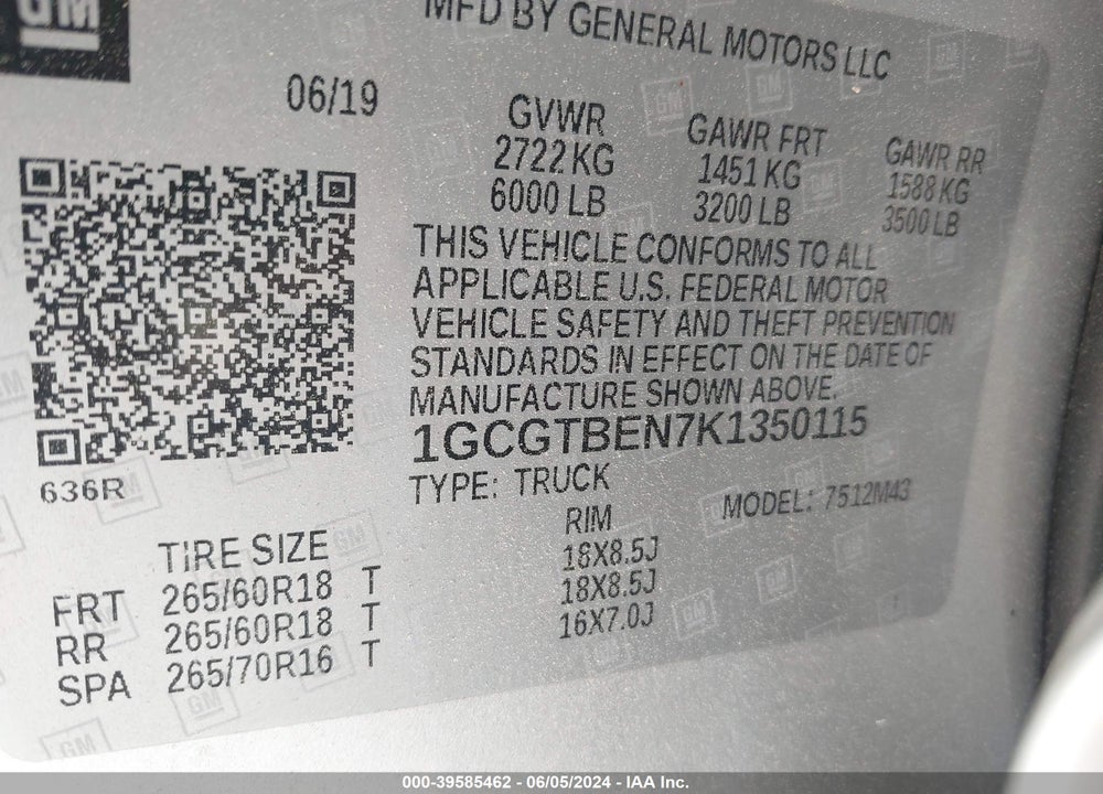 2019 CHEVROLET COLORADO WT VIN: 1GCGTBEN7K1350115