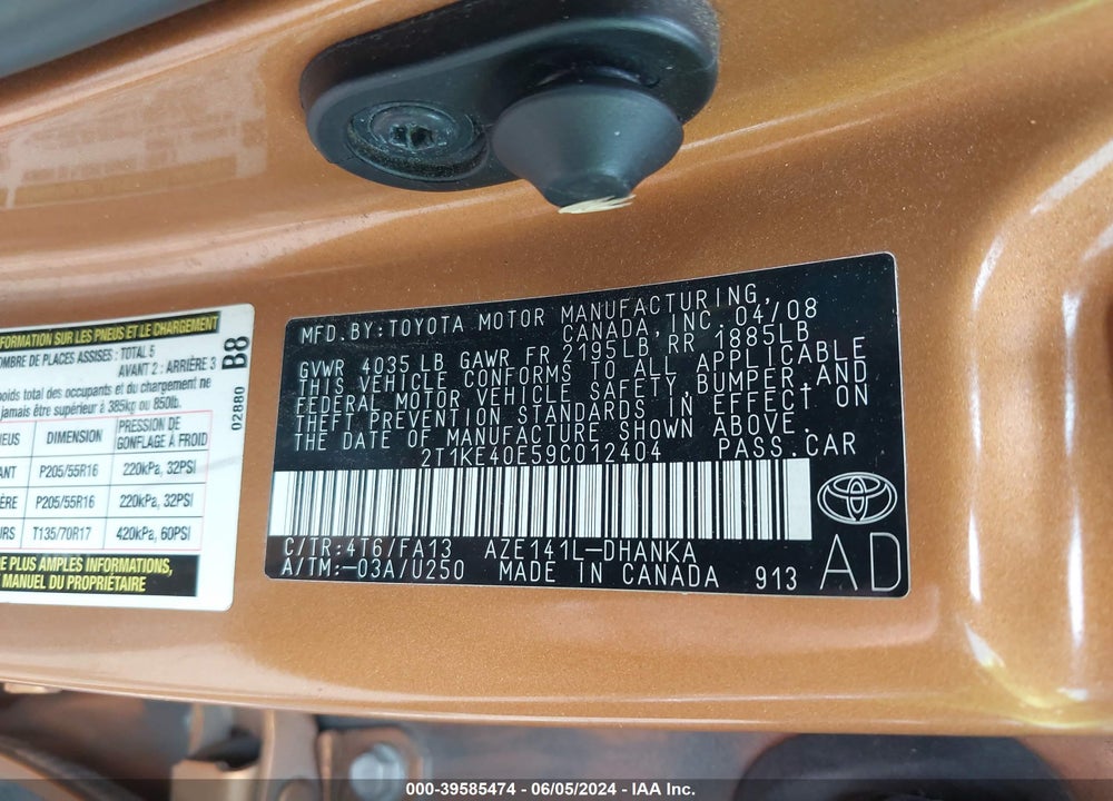 2009 TOYOTA MATRIX S VIN: 2T1KE40E59C012404