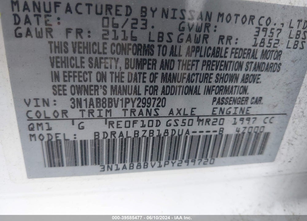 2023 NISSAN SENTRA S XTRONIC CVT VIN: 3N1AB8BV1PY299720