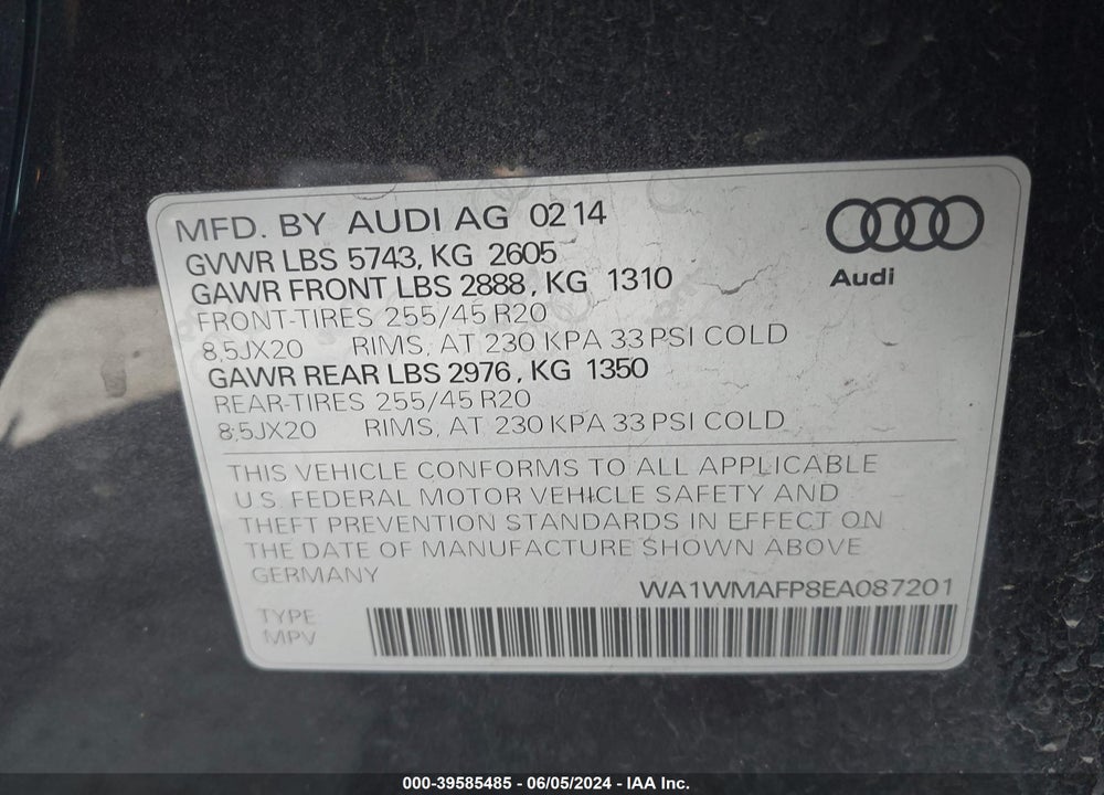 2014 AUDI Q5 3.0 TDI PREMIUM PLUS VIN: WA1WMAFP8EA087201