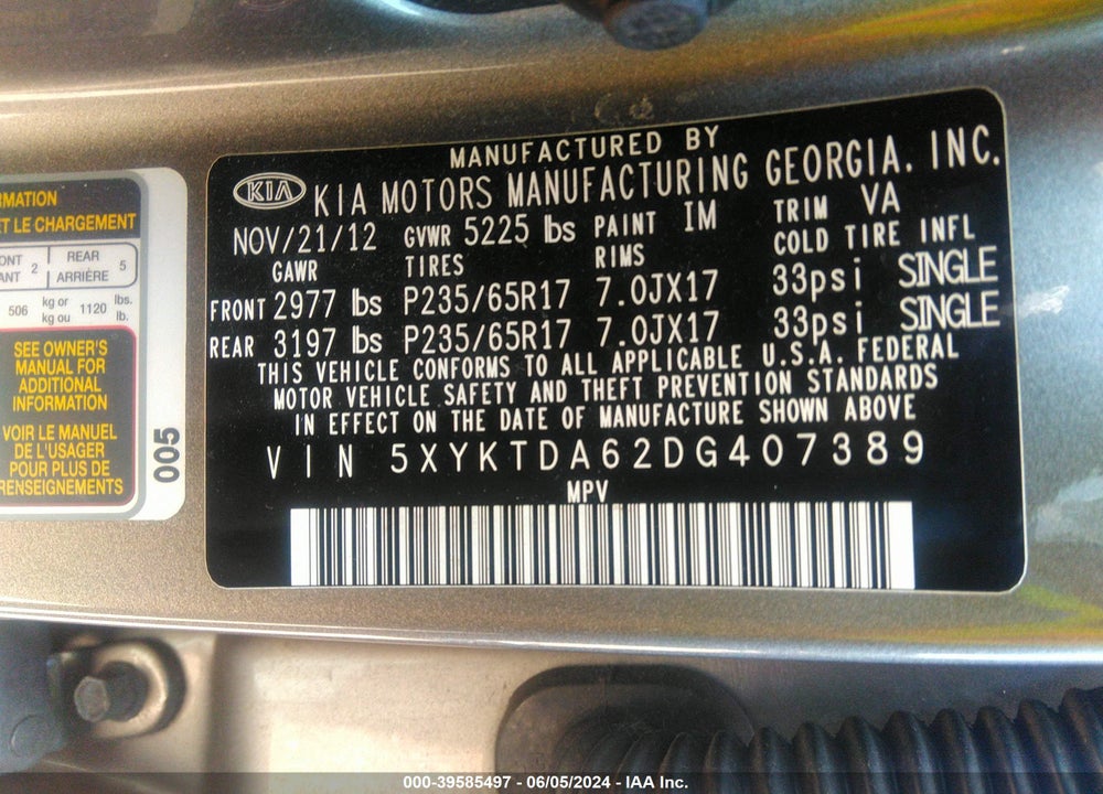 2013 KIA SORENTO LX VIN: 5XYKTDA62DG407389
