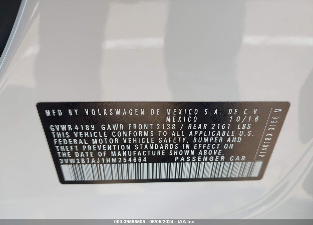 2017 VOLKSWAGEN JETTA 1.4T S VIN: 3VW2B7AJ1HM254664