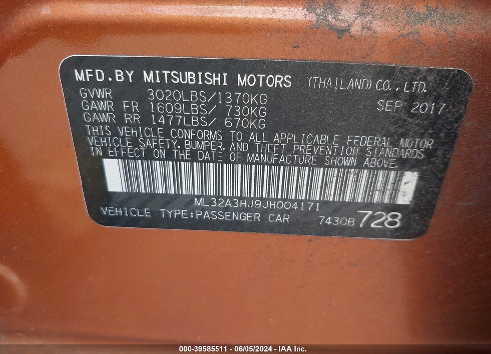 2018 MITSUBISHI MIRAGE ES VIN: ML32A3HJ9JH004171