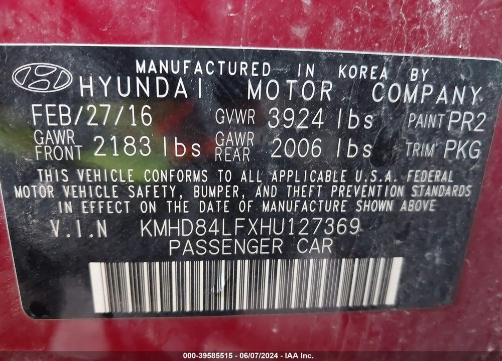 2017 HYUNDAI ELANTRA LIMITED VIN: KMHD84LFXHU127369