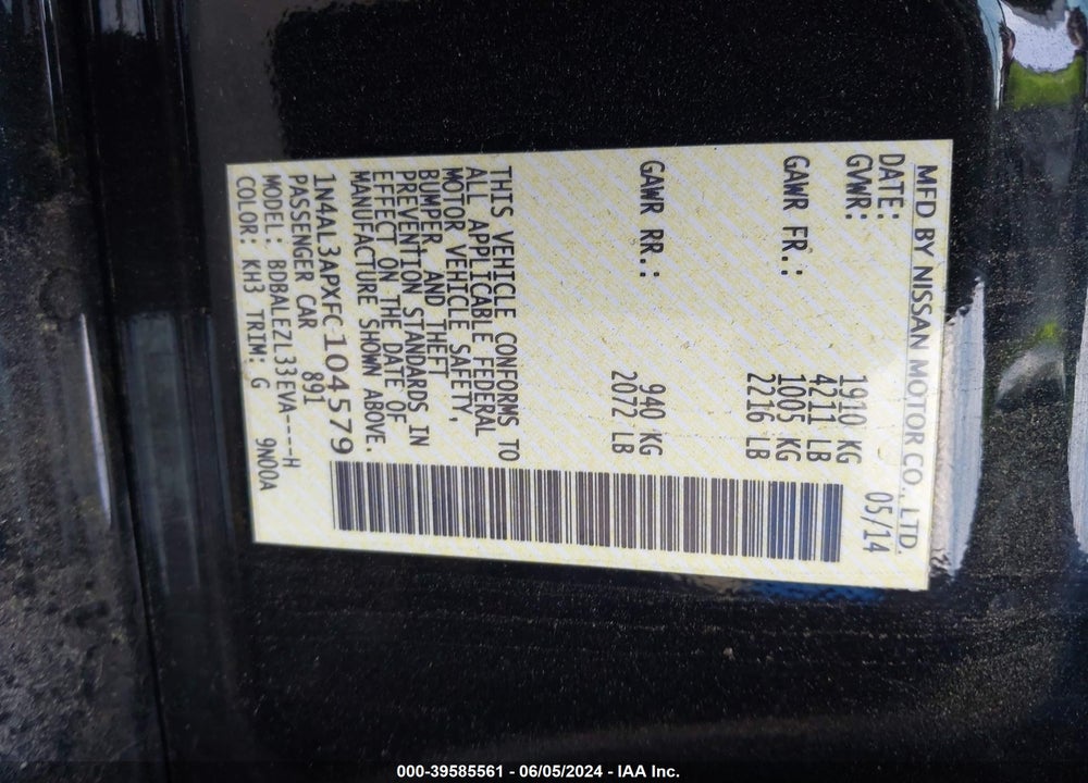2015 NISSAN ALTIMA 2.5 S VIN: 1N4AL3APXFC104579