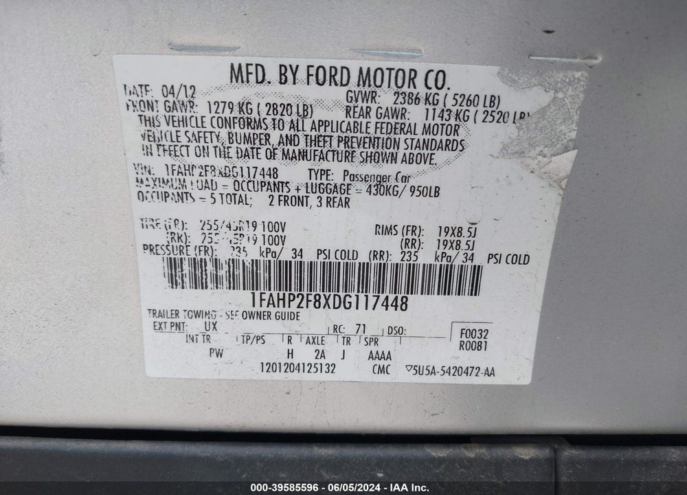 2013 FORD TAURUS LIMITED VIN: 1FAHP2F8XDG117448