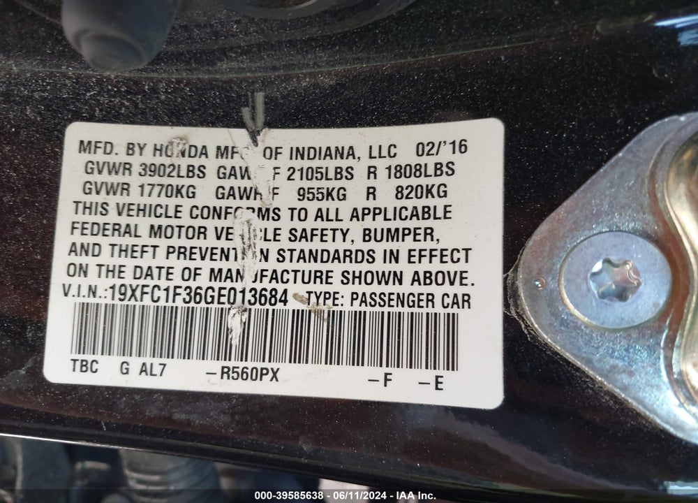 2016 HONDA CIVIC EX-T VIN: 19XFC1F36GE013684