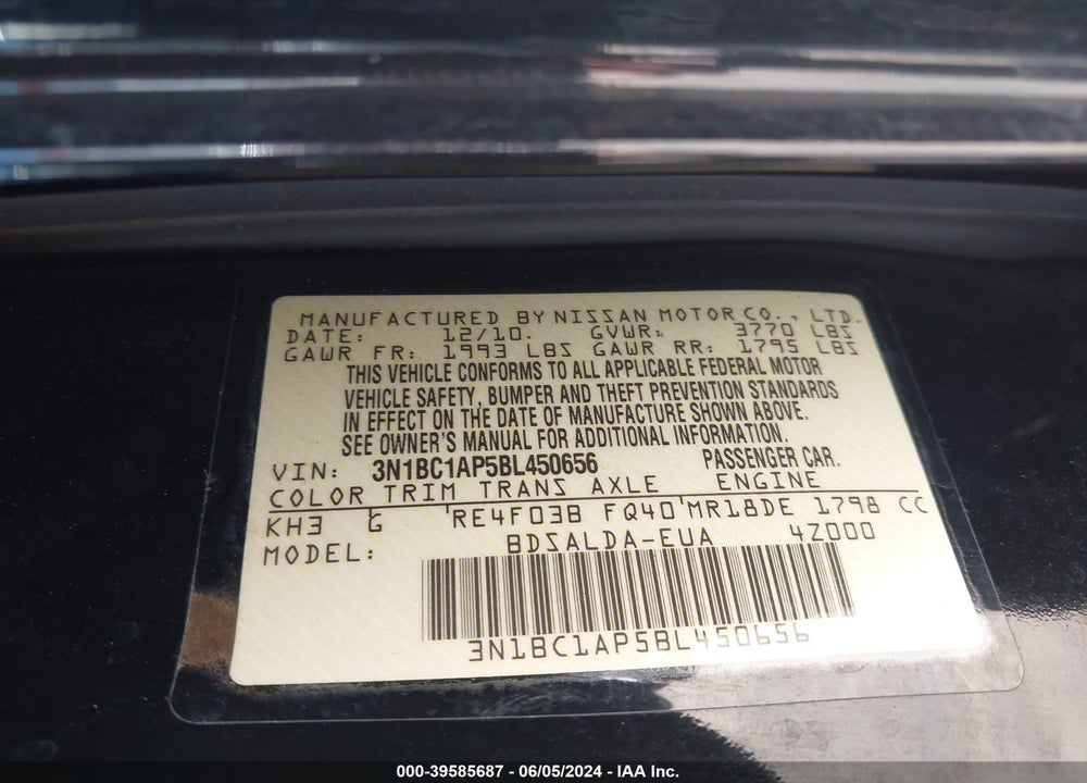 2011 NISSAN VERSA 1.8S VIN: 3N1BC1AP5BL450656