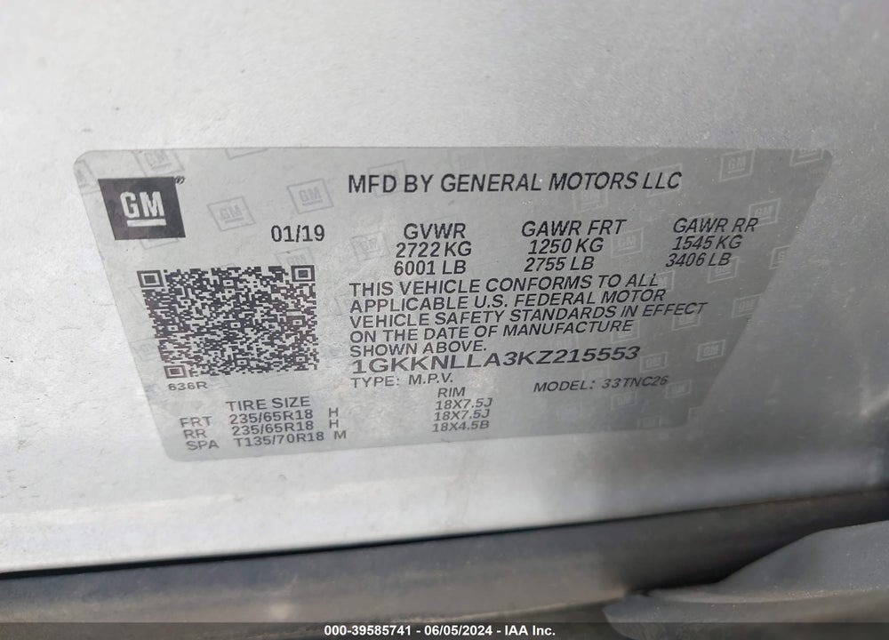 2019 GMC ACADIA SLE-2 VIN: 1GKKNLLA3KZ215553