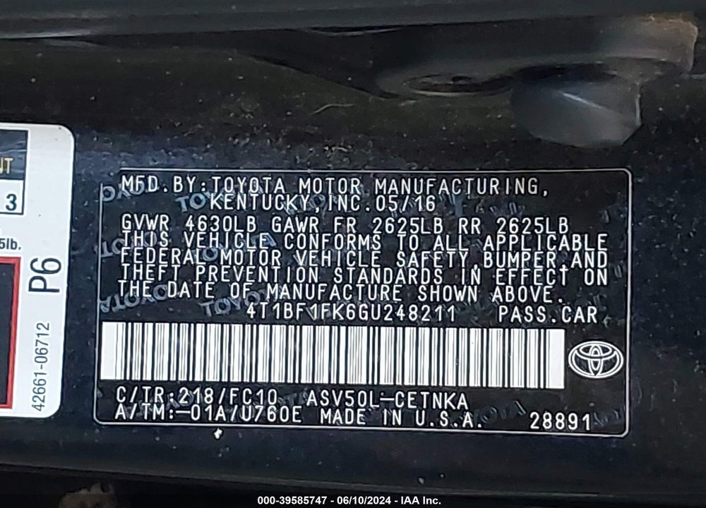 2016 TOYOTA CAMRY LE VIN: 4T1BF1FK6GU248211
