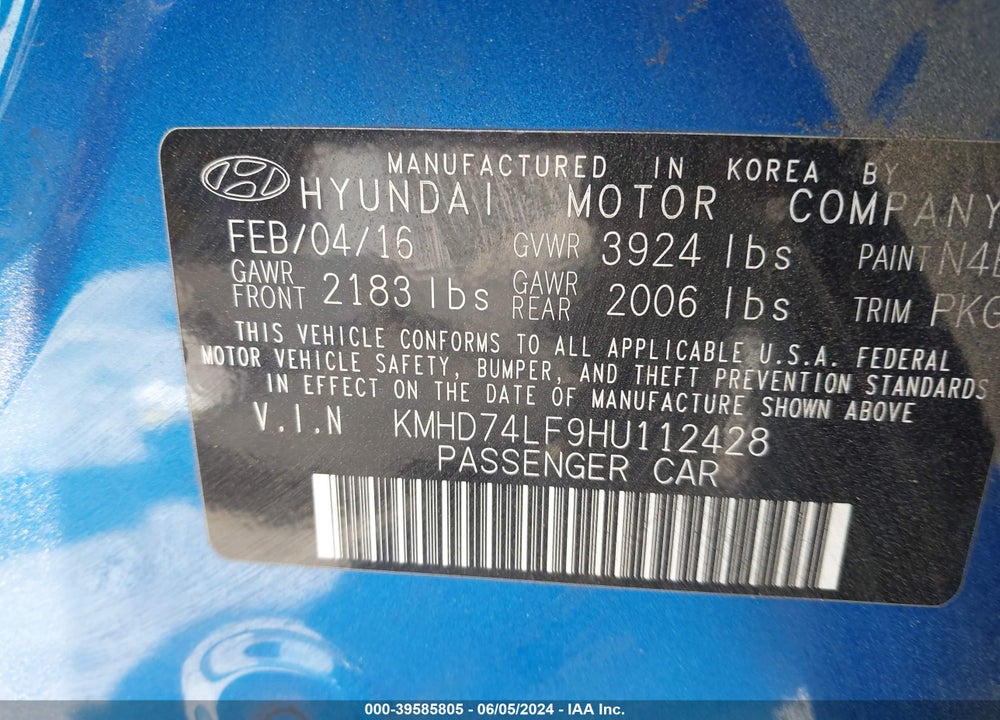 2017 HYUNDAI ELANTRA SE VIN: KMHD74LF9HU112428
