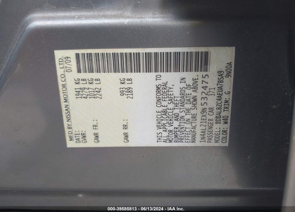2009 NISSAN ALTIMA 2.5 S VIN: 1N4AL21EX9N532475