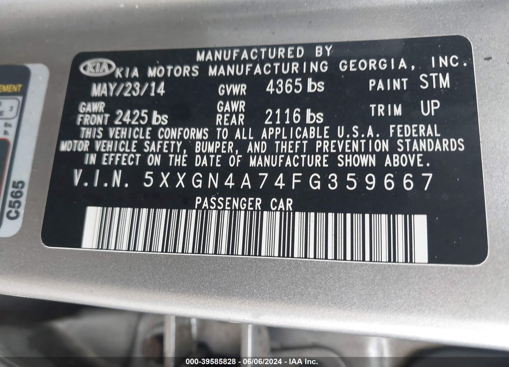 2015 KIA OPTIMA VIN: 5XXGN4A74FG359667
