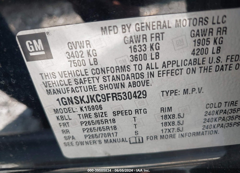 2015 CHEVROLET SUBURBAN 1500 LT VIN: 1GNSKJKC9FR530429