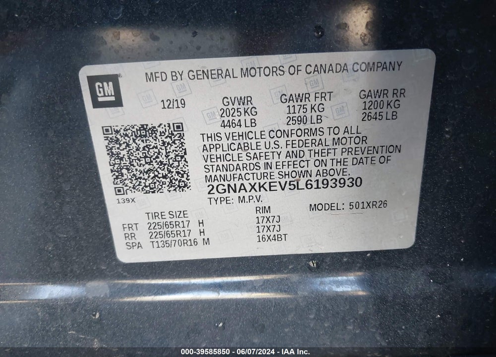 2020 CHEVROLET EQUINOX FWD LT 1.5L TURBO VIN: 2GNAXKEV5L6193930