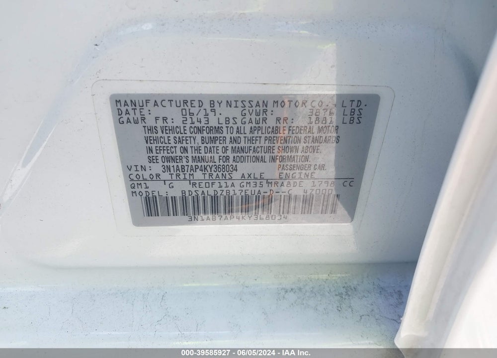2019 NISSAN SENTRA SV VIN: 3N1AB7AP4KY368034