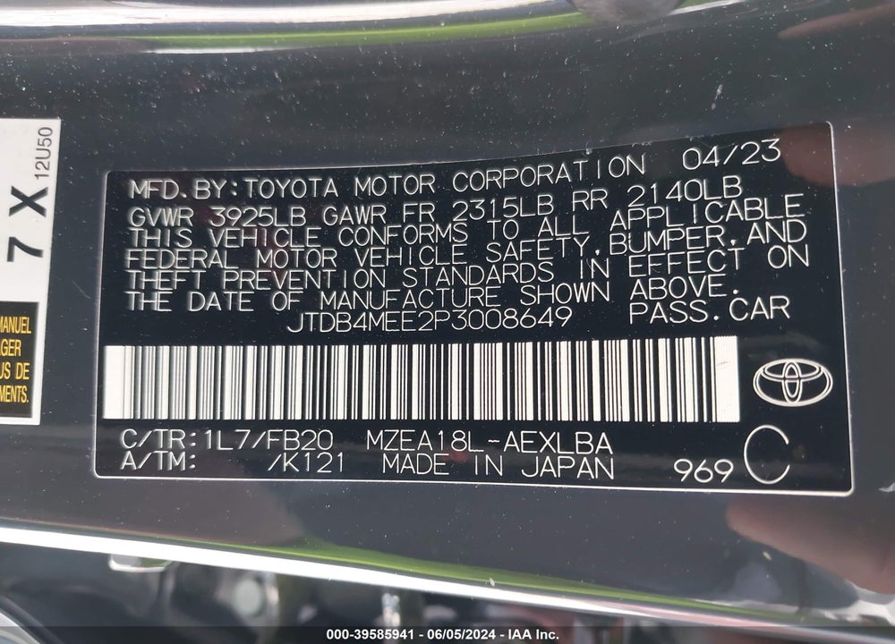 2023 TOYOTA COROLLA LE VIN: JTDB4MEE2P3008649