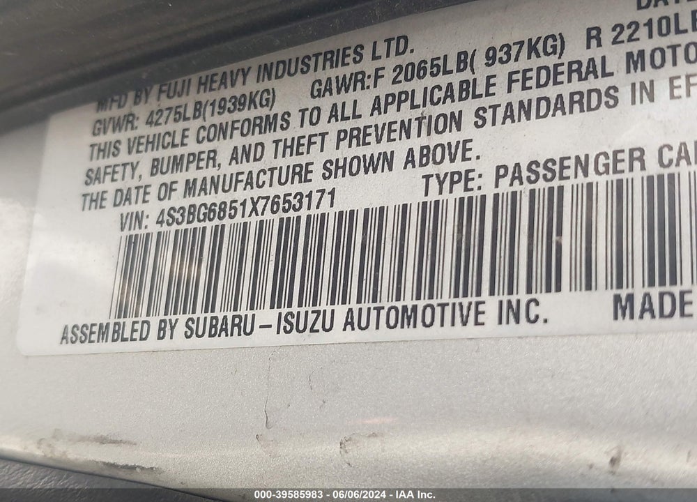 1999 SUBARU LEGACY 30TH ANN. OUTBACK LTD./OUTBACK VIN: 4S3BG6851X7653171