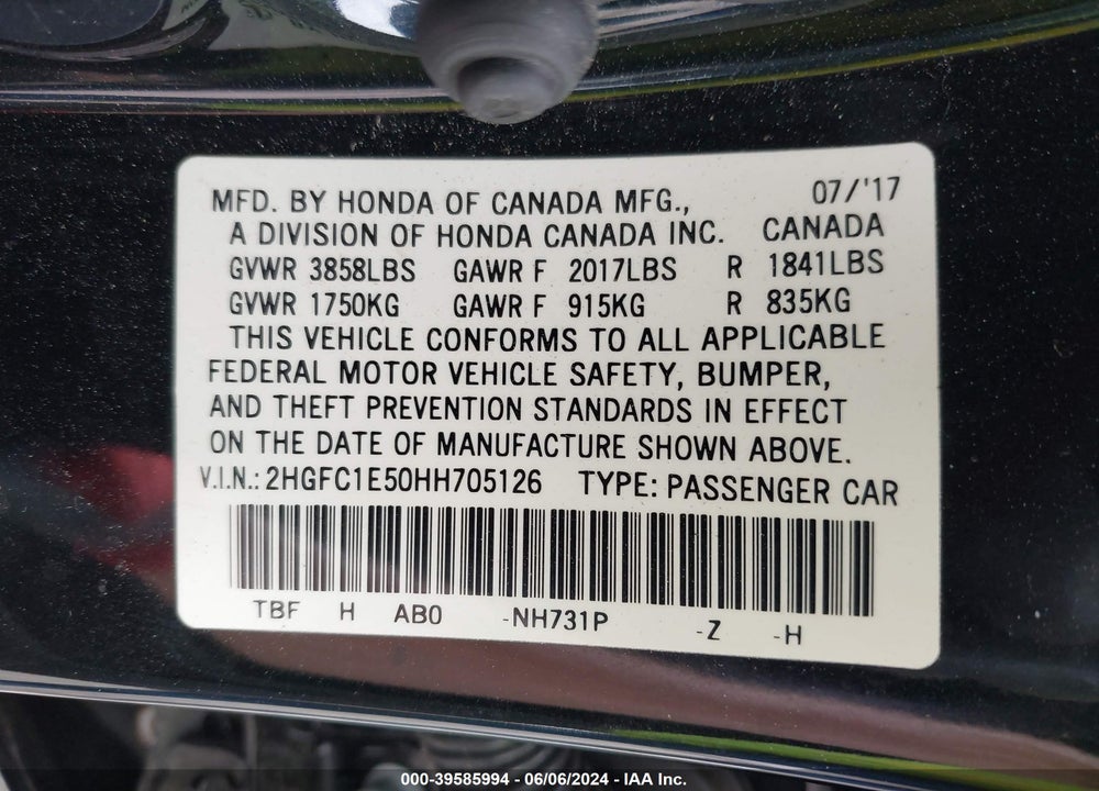 2017 HONDA CIVIC SI VIN: 2HGFC1E50HH705126
