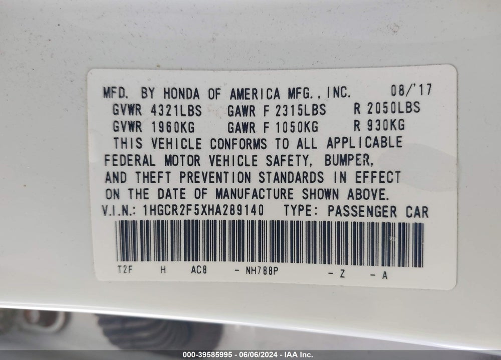 2017 HONDA ACCORD SPORT VIN: 1HGCR2F5XHA289140
