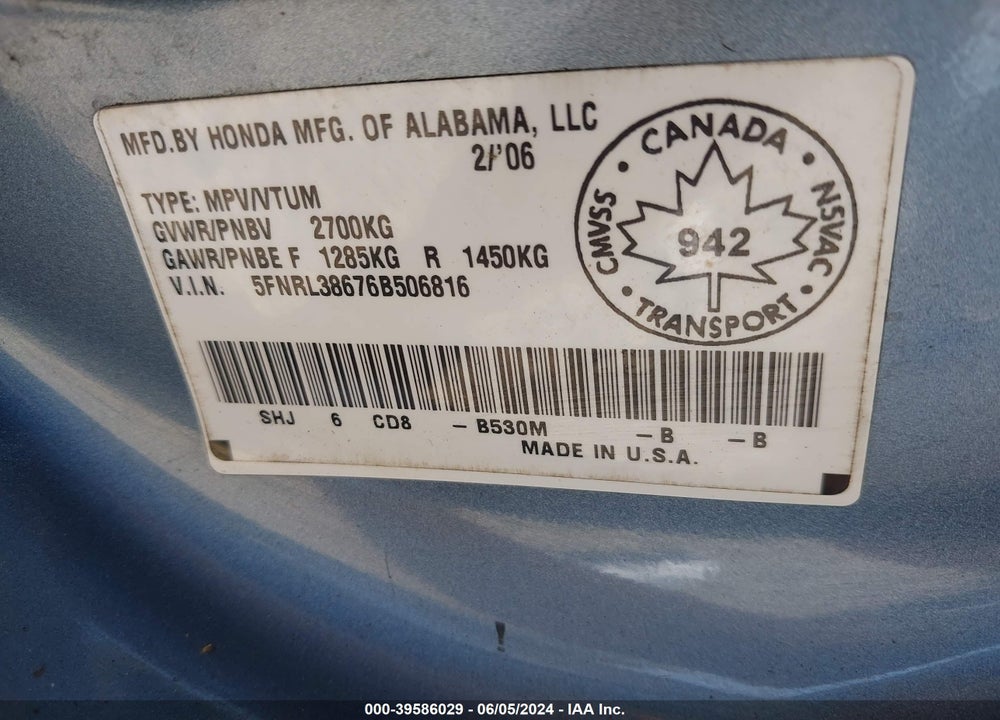 2006 HONDA ODYSSEY EX-L VIN: 5FNRL38676B506816