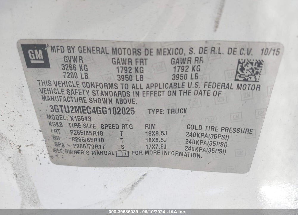 2016 GMC SIERRA 1500 SLE VIN: 3GTU2MEC4GG102025