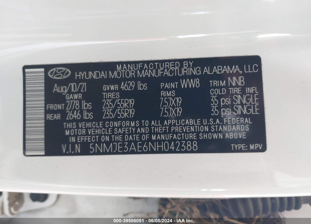 2022 HYUNDAI TUCSON LIMITED VIN: 5NMJE3AE6NH042388