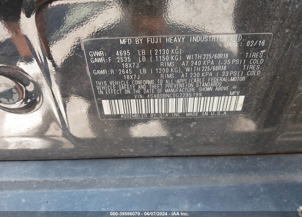 2016 SUBARU OUTBACK 2.5I LIMITED VIN: 4S4BSBNC0G3295199