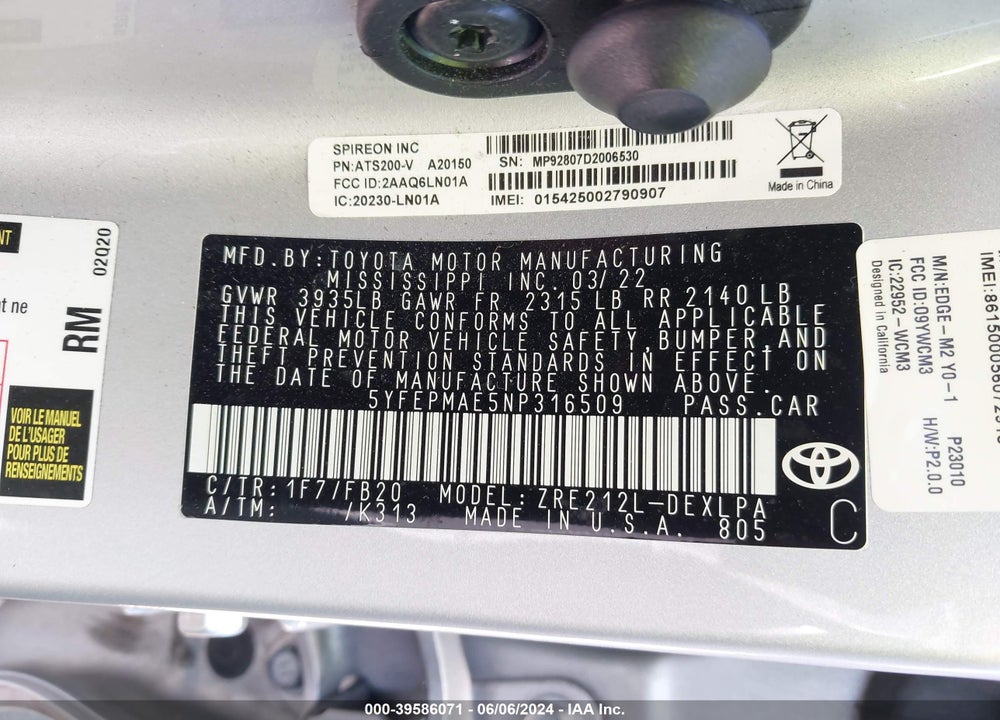 2022 TOYOTA COROLLA LE VIN: 5YFEPMAE5NP316509